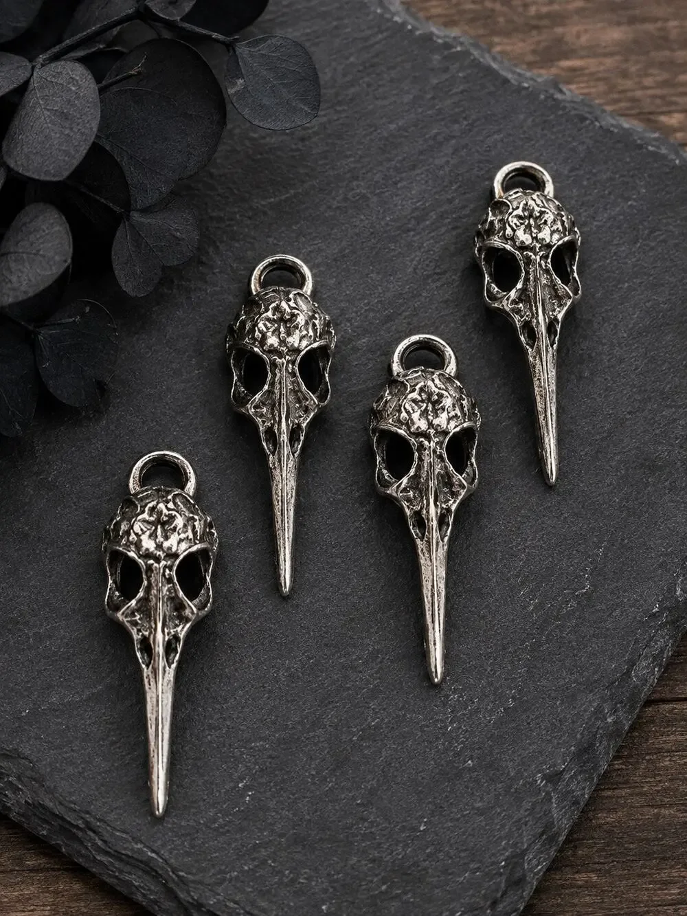 Set of 4 Silver Tone Raven Skull Charms Gothic Jewelry Making Pendants Steampunk